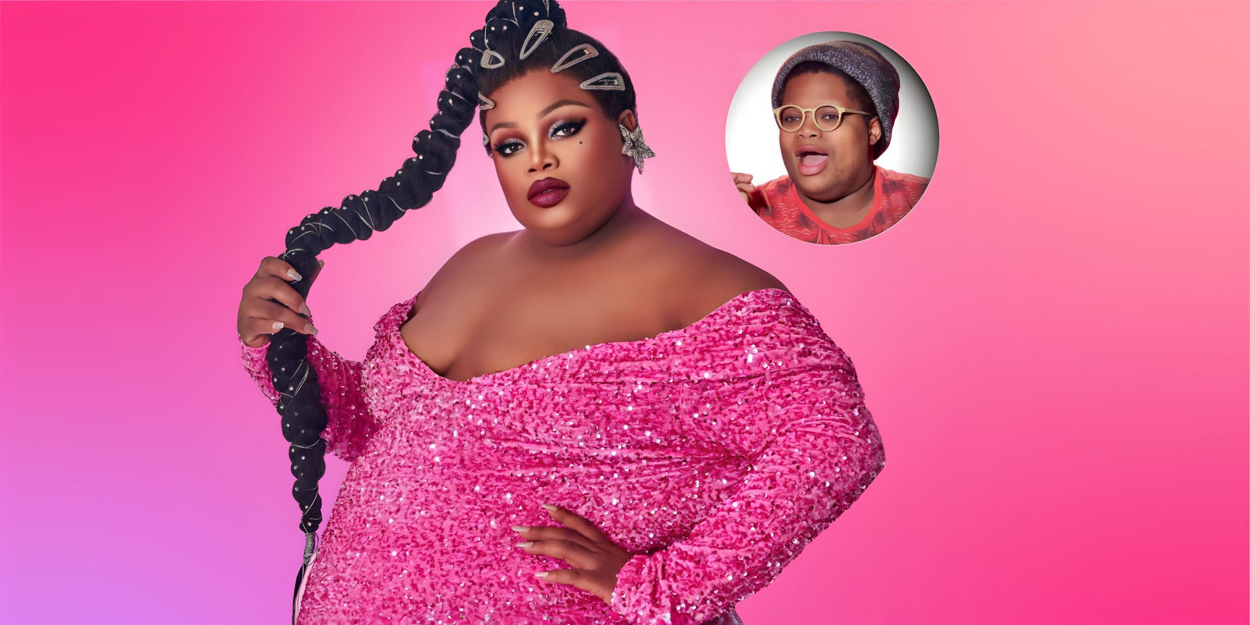 RuPaul's Drag Race Remini in pink dress with inset photo pink background