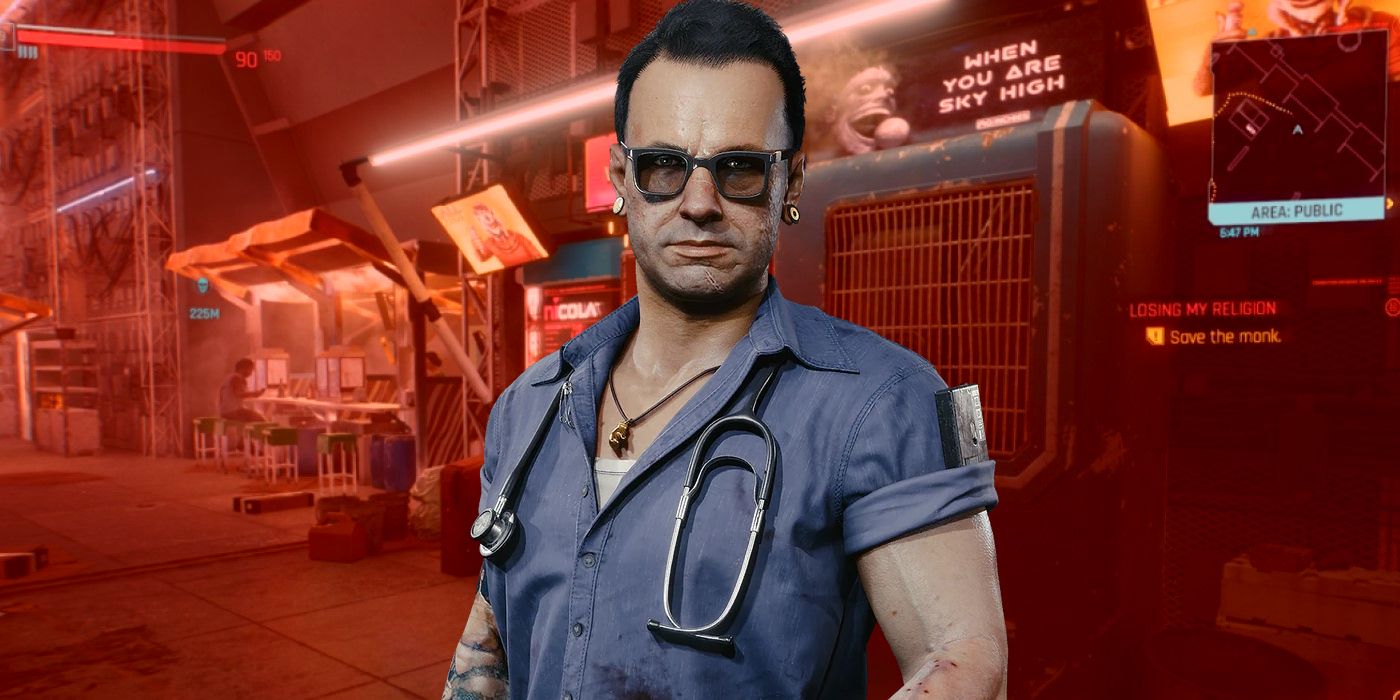 Viktor in Cyberpunk 2077 standing in front of a red roadside background