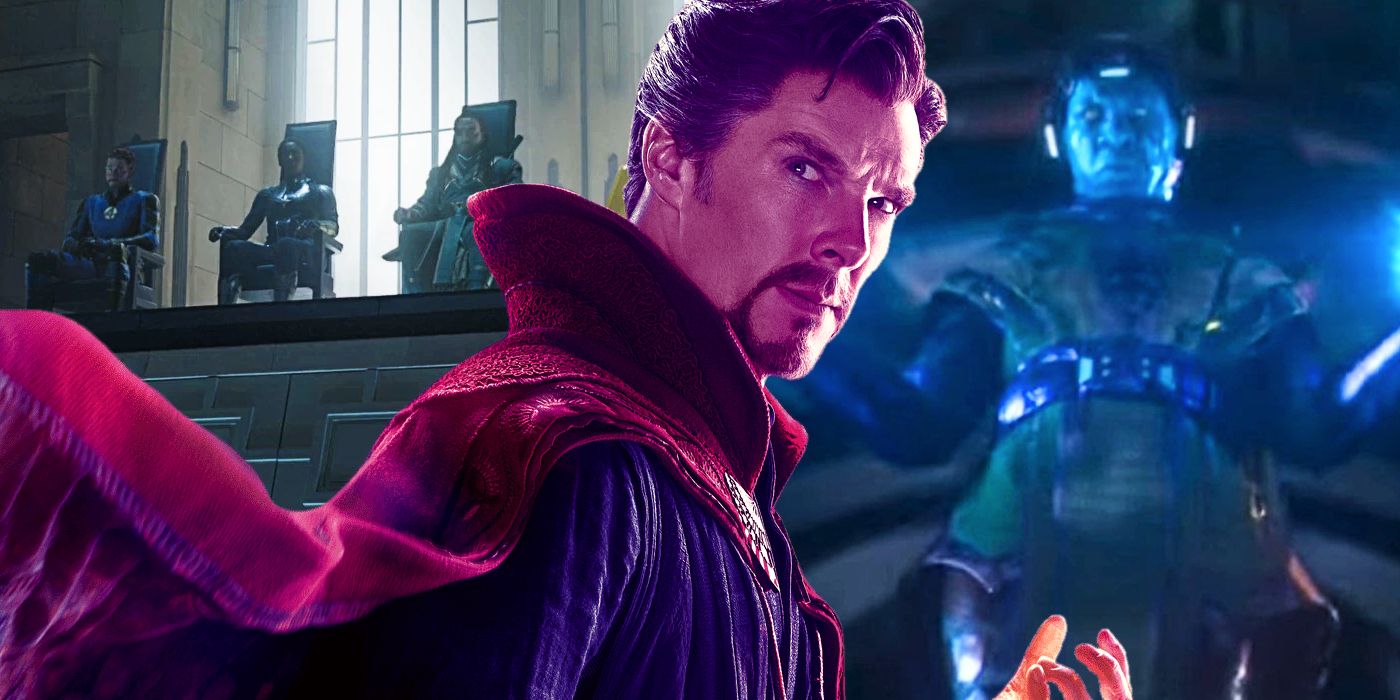 A split image of Doctor Strange, Kang, and the Illuminati.
