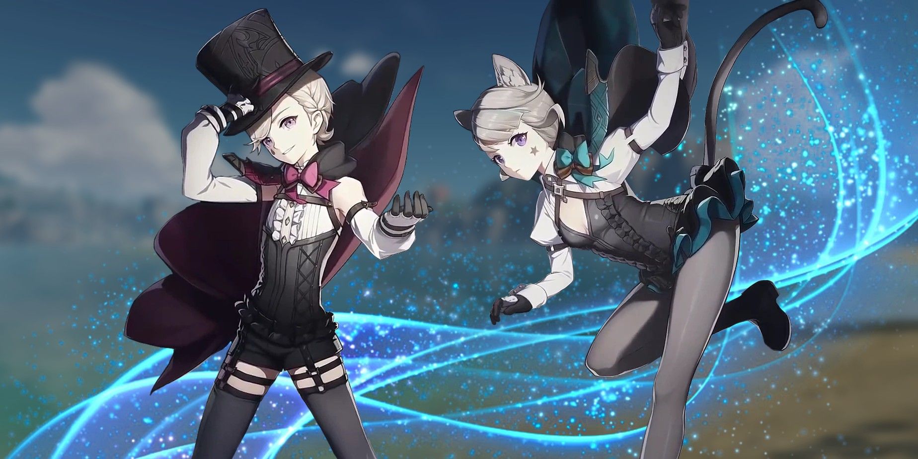 Genshin Impact's Lyney to the left and Lynette to the right. Behind them is a blue flowing energy and, in the background, a blurred-out view of Mondstadt.