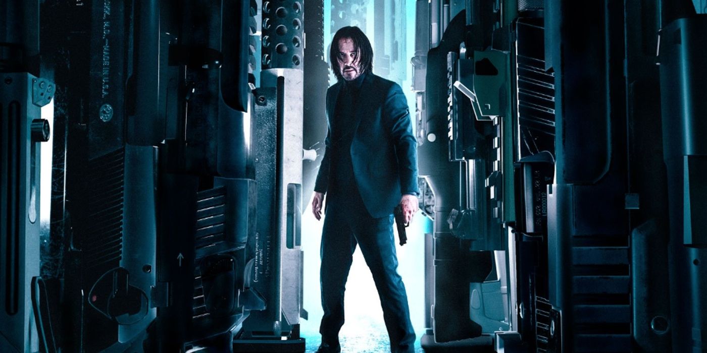 Keanu Reeves surrounded by guns in John Wick: Chapter 4 fan poster.