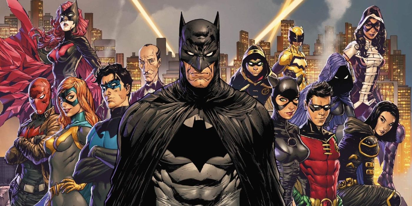 Batman with his supporting Bat-family behind him in comic book art.