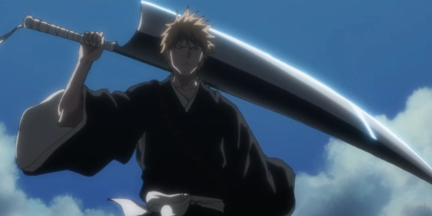 Ichigo wielding his zangetsu in Bleach.
