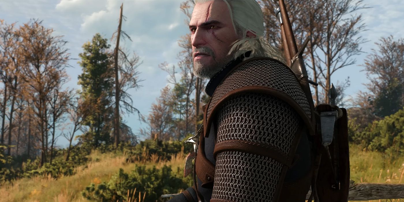 Image shows Geralt looking at something off camera in The Witcher 3's Next Gen Update trailer.
