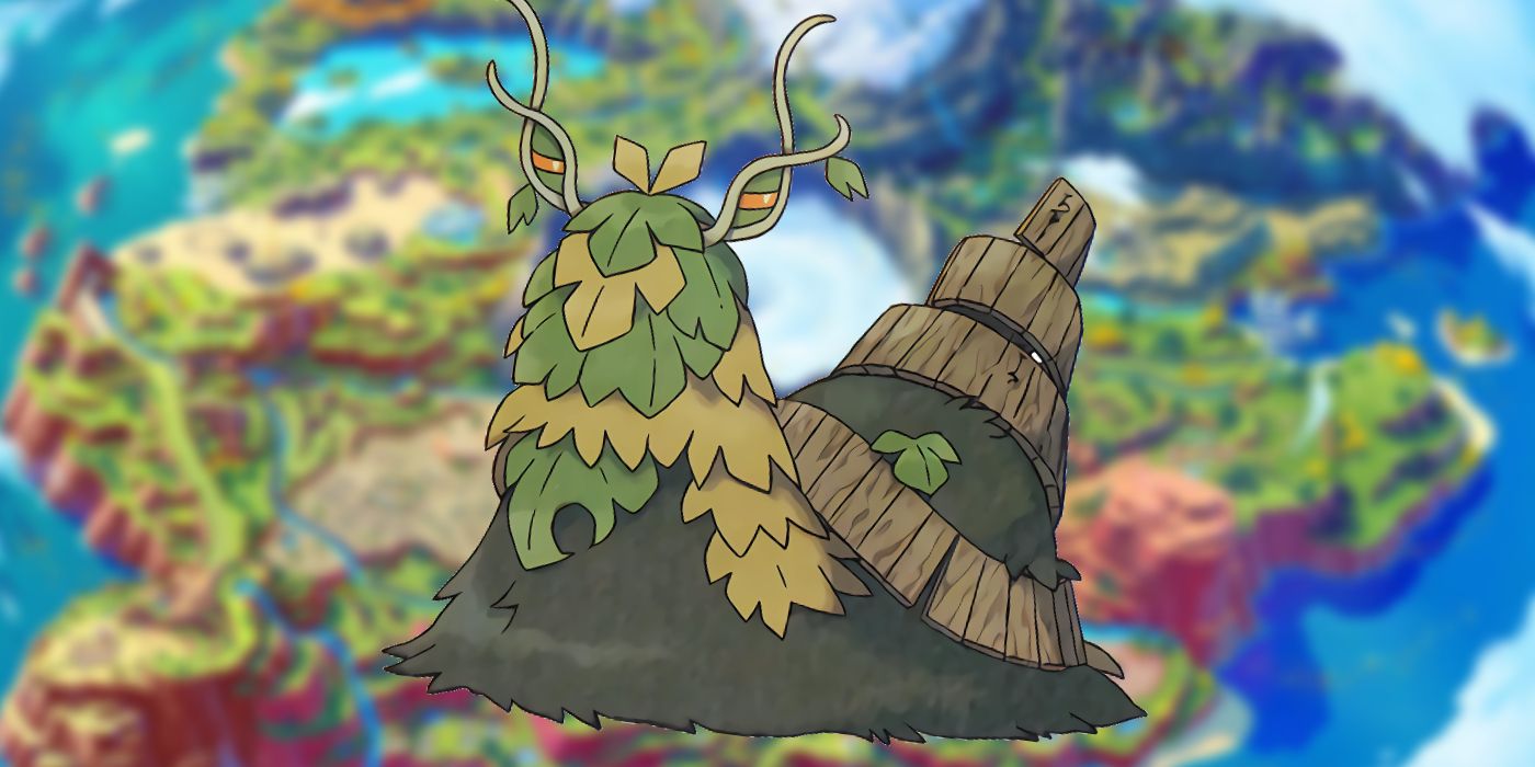 Artwork of Treasures of Ruin Pokémon Wo-Chien pasted in front of a blurred background of Scarlet and Violet's Paldea map.