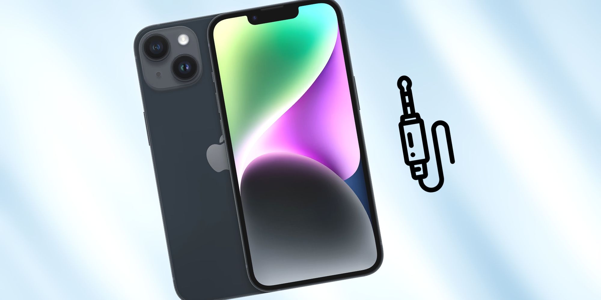 The iPhone 14 next to a drawing of a 3.5 mm headphone jack