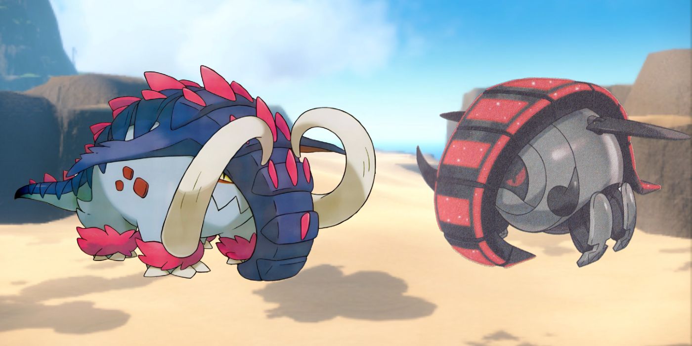 Two Pokémon, Great Tusk and Iron Treads, in Scarlet and Violet's Asado Desert area.
