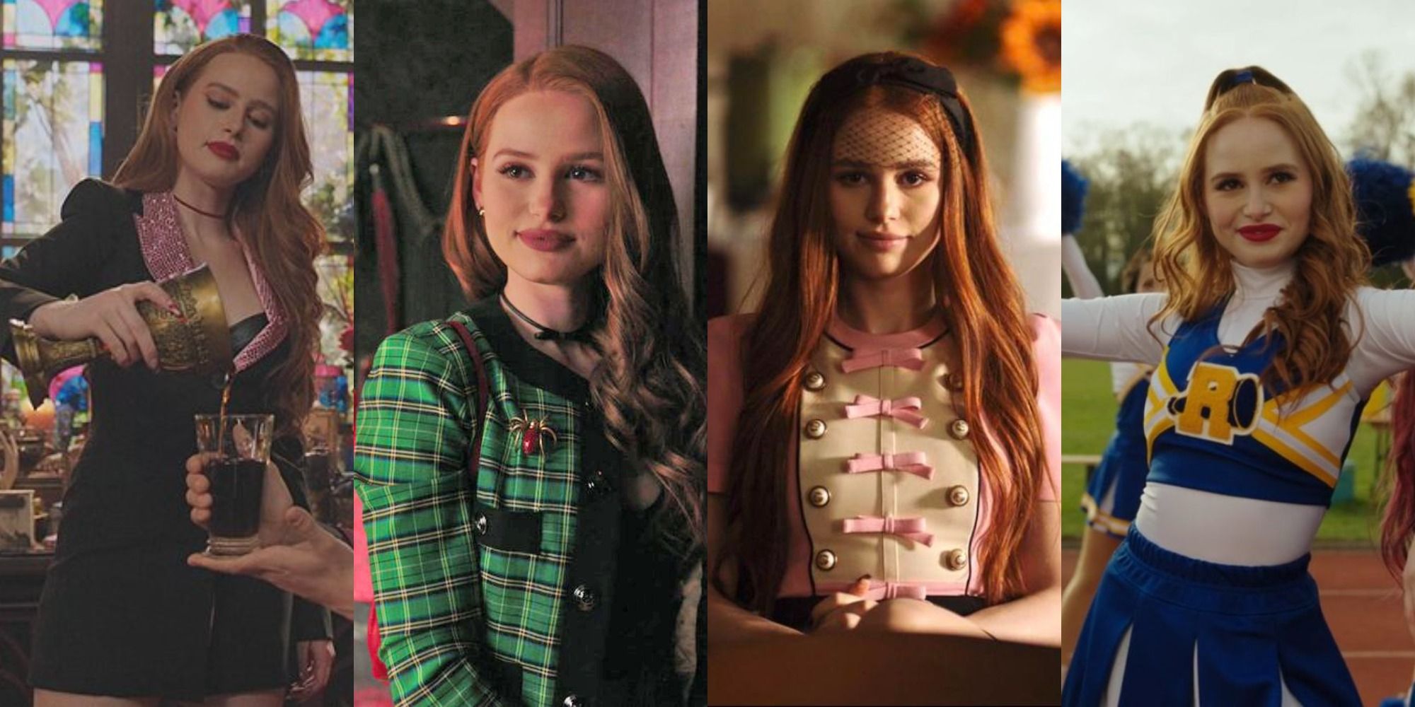 Split images of Cheryl in non-red outfits in Riverdale.