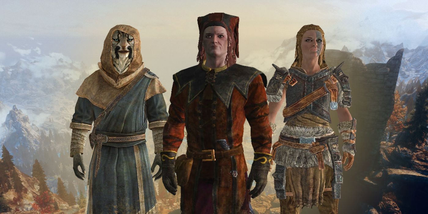 Skyrim's J'zargo, Cicero, and Mjoll the Lioness against a landscape
