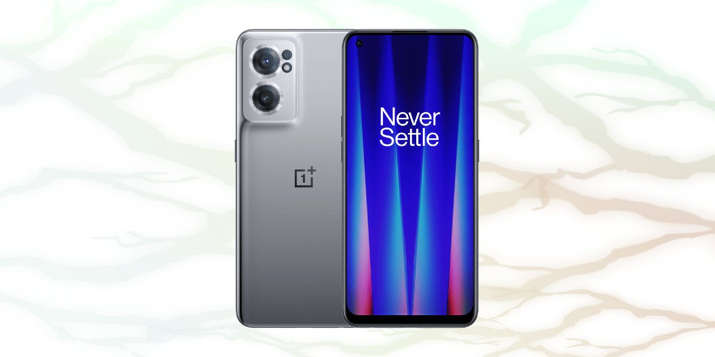 Gray OnePlus Nord CE 2 from the front and back with 'Never Settle' written on the screen