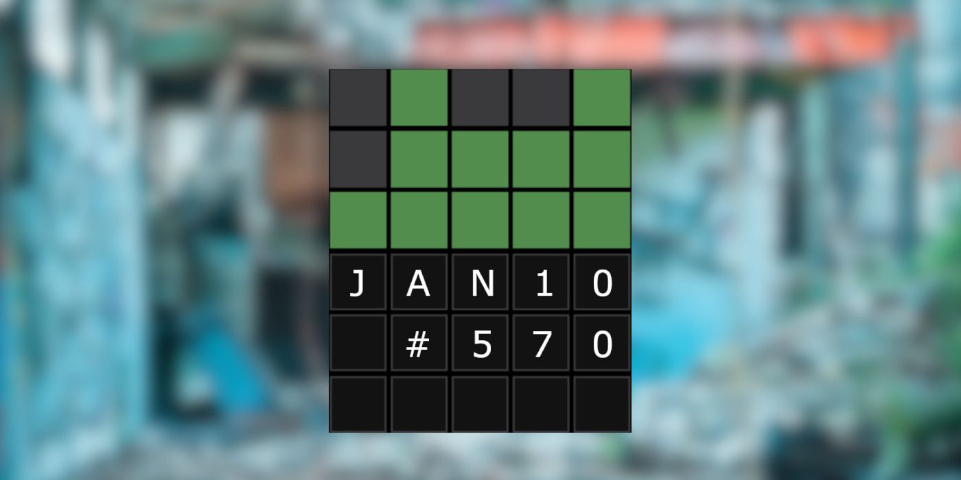 January 10th Wordle puzzle grid with a grimy lot in the background