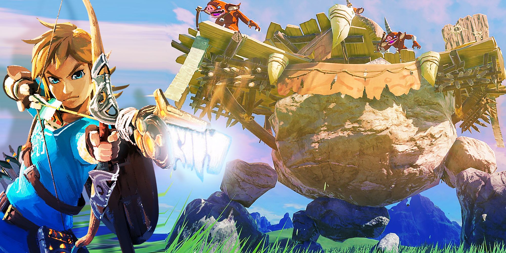 The Battle Talus with Link shooting an arrow in Zelda Tears of the Kingdom -