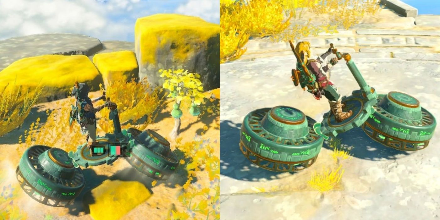 Link riding a Hover Bike In Zelda- Tears Of The Kingdom