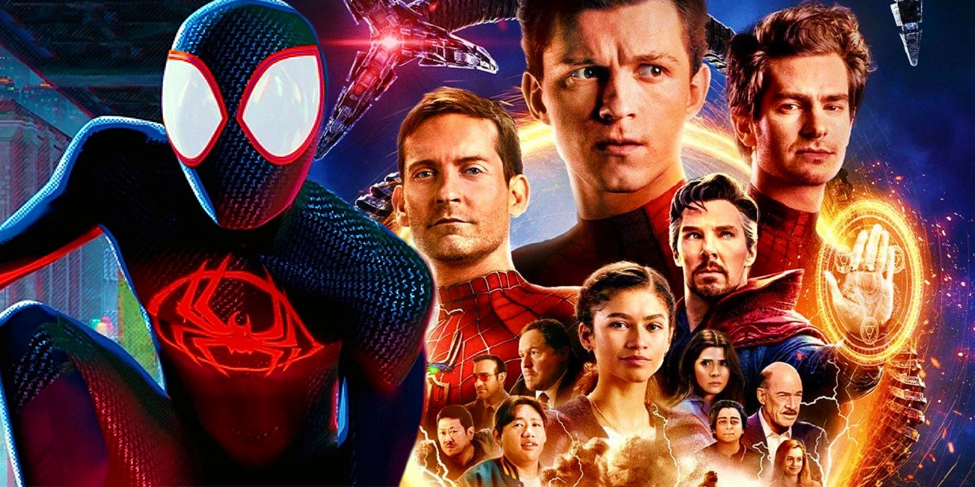 Miles Morales from Across the Spider-Verse next to all three Live-Action Spider-Men