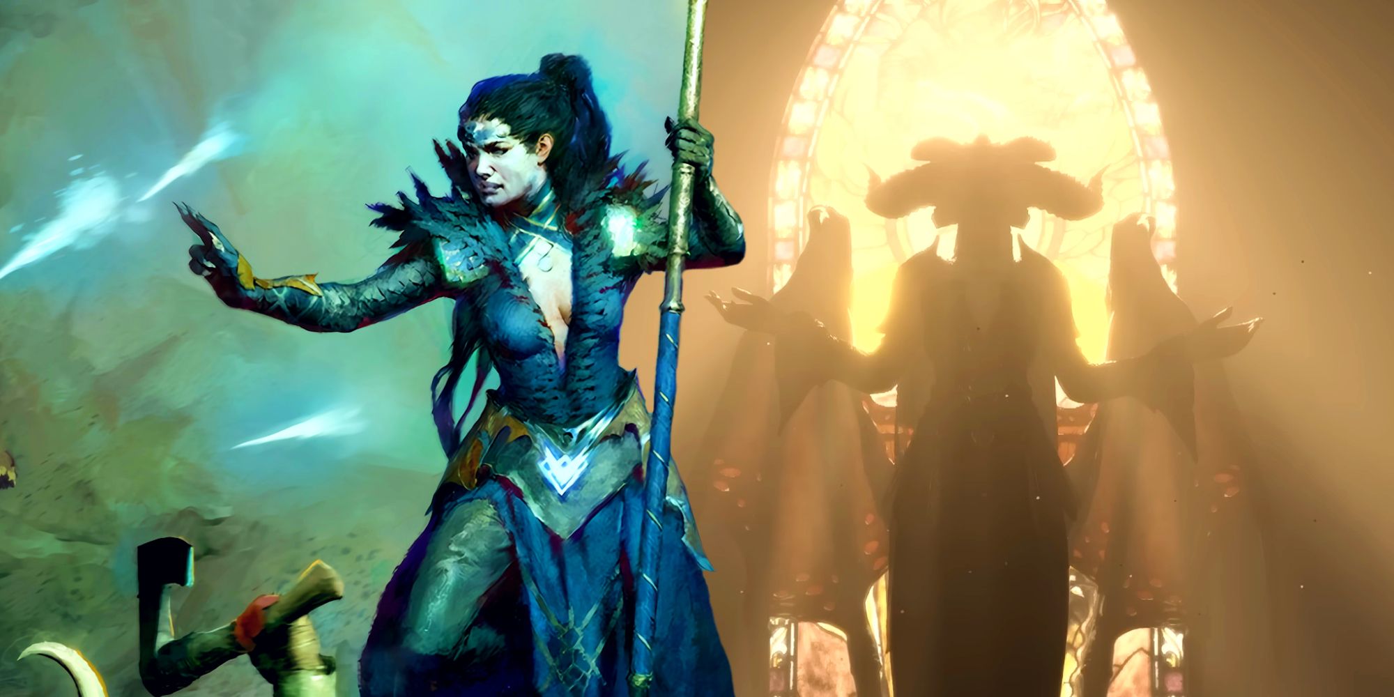 A Diablo 4 Sorceress launching shards of ice at monsters out of frame, edited next to Lilith's silhouette in front of a stained glass window.