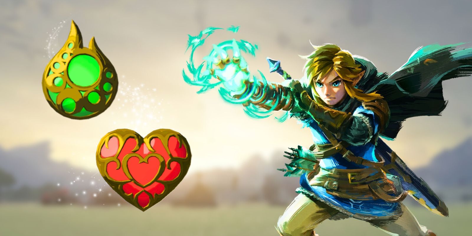 Link with stamina vessel and heart container from Zelda TOTK