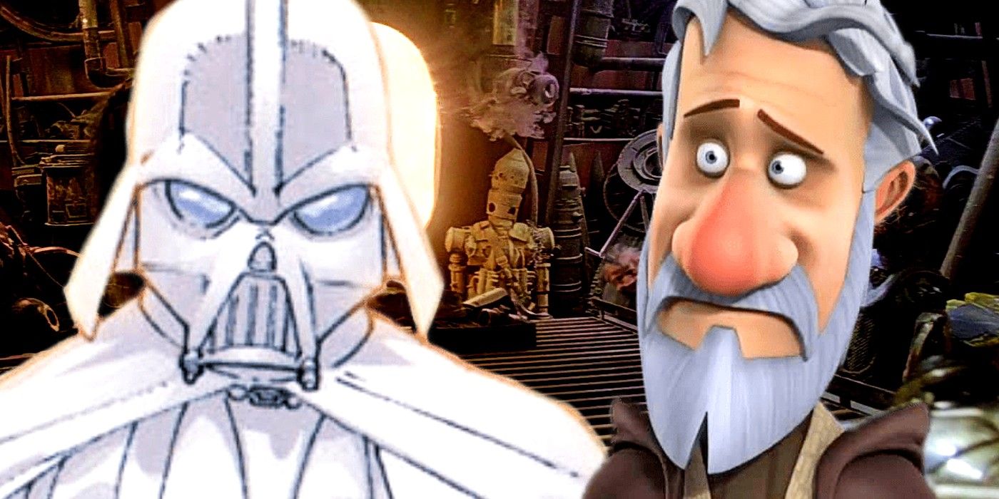 Darth Vader in white armor next Ben Kenobi from Star Wars Detours, with IG-88's remains in the background.