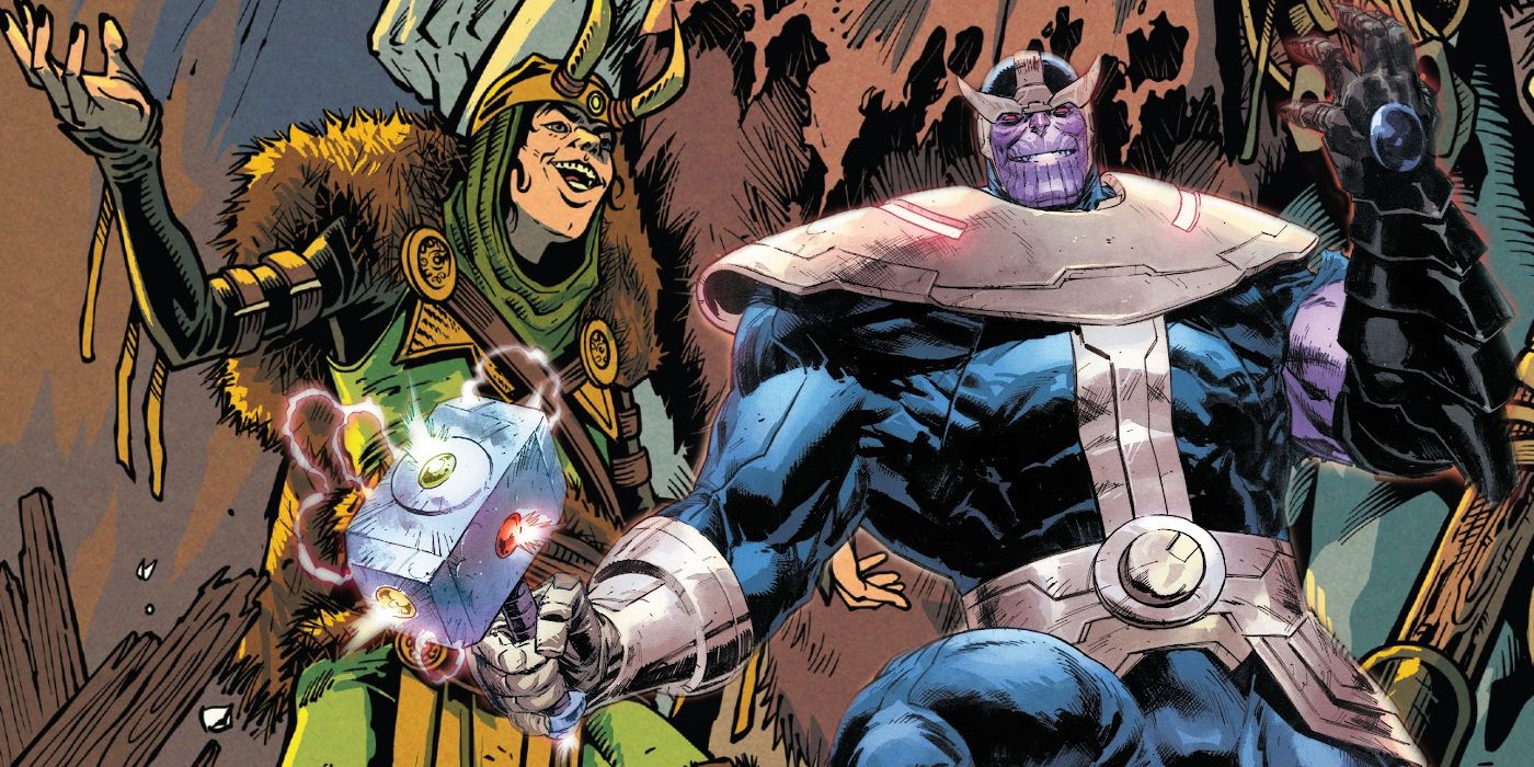 Loki laughs while Thanos brandishes the Black Infinity Stone.