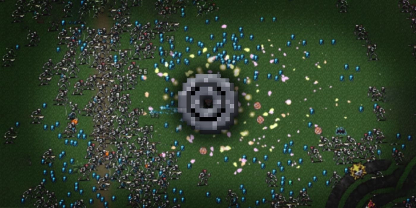 Vampire Survivors Gameplay background with Trisection icon in foreground