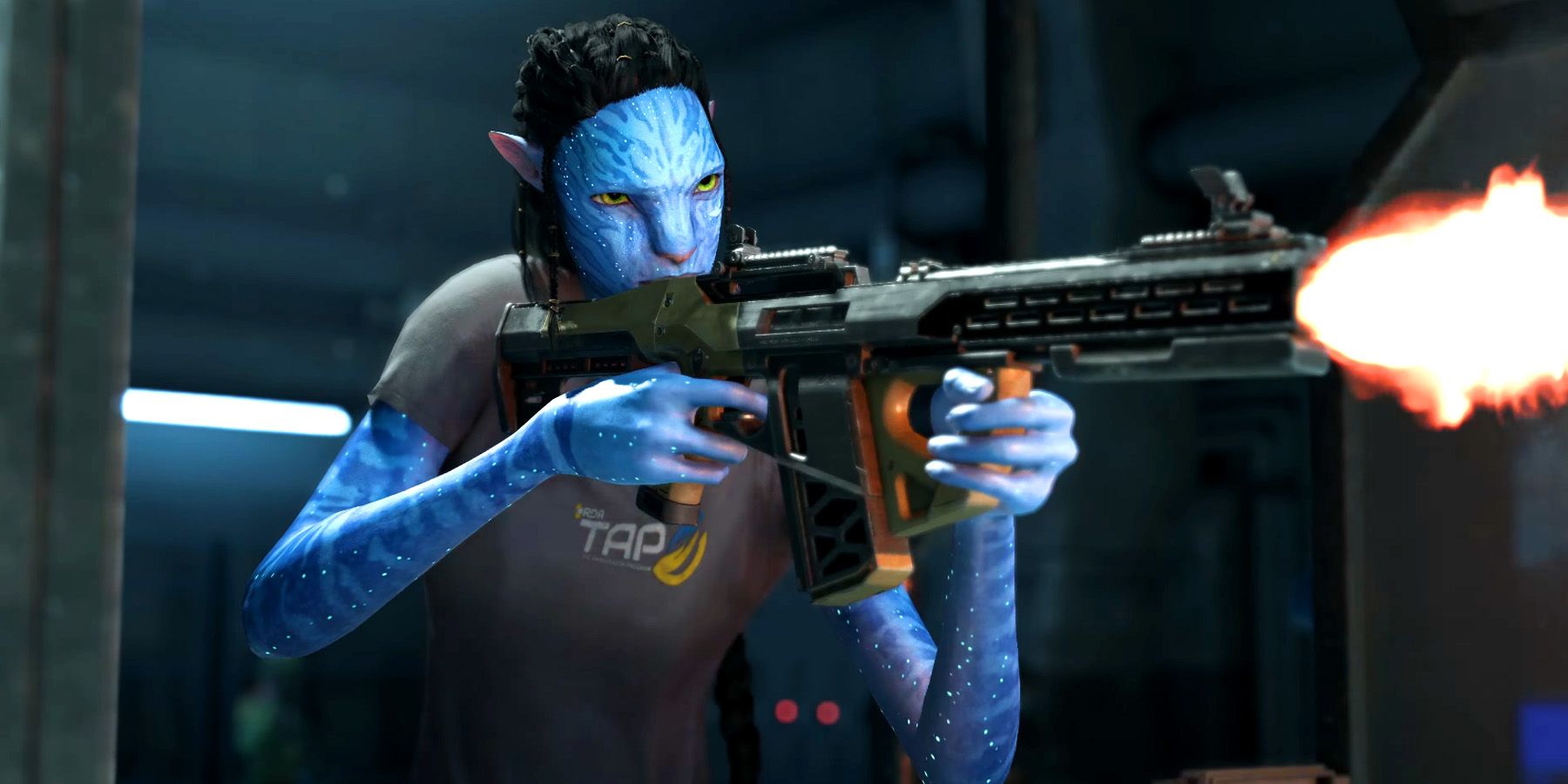 Avatar Frontiers of Pandora Na'vi protagonist firing a rifle and wearing a t-shirt.