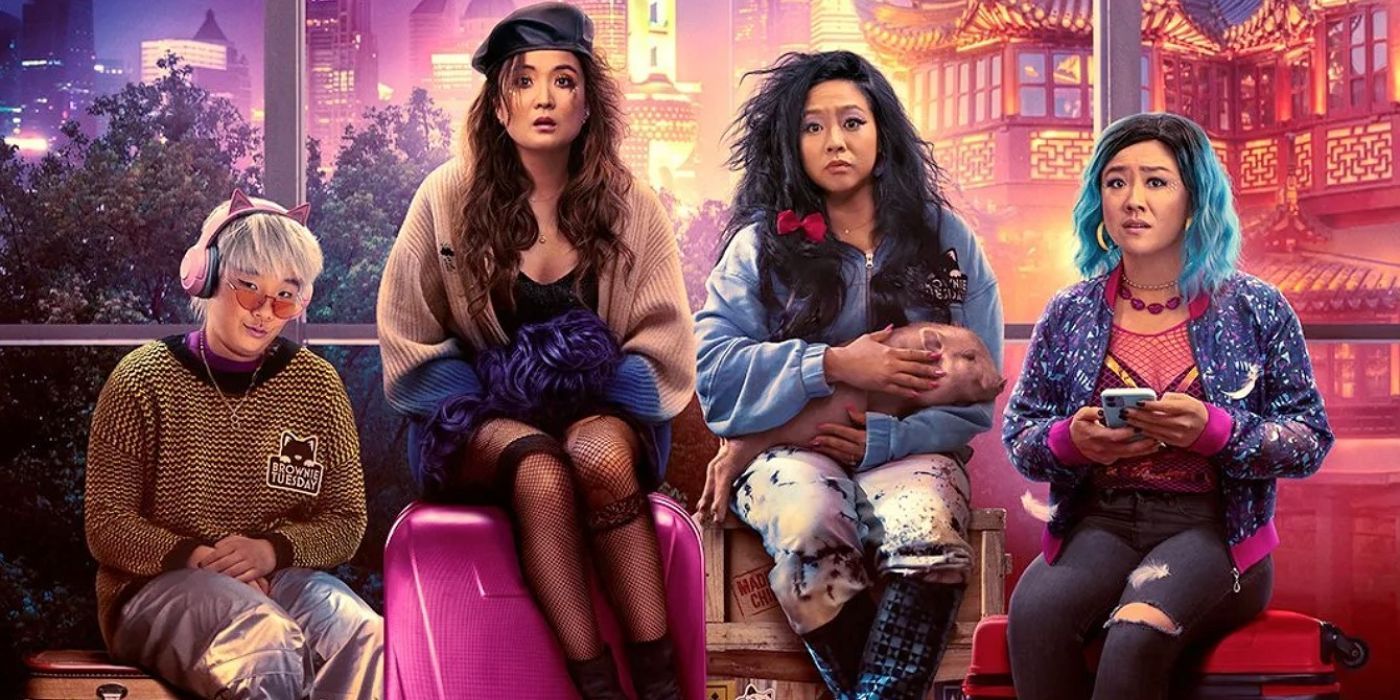 Joy Ride poster with the main cast sitting in front of a Chinese town.
