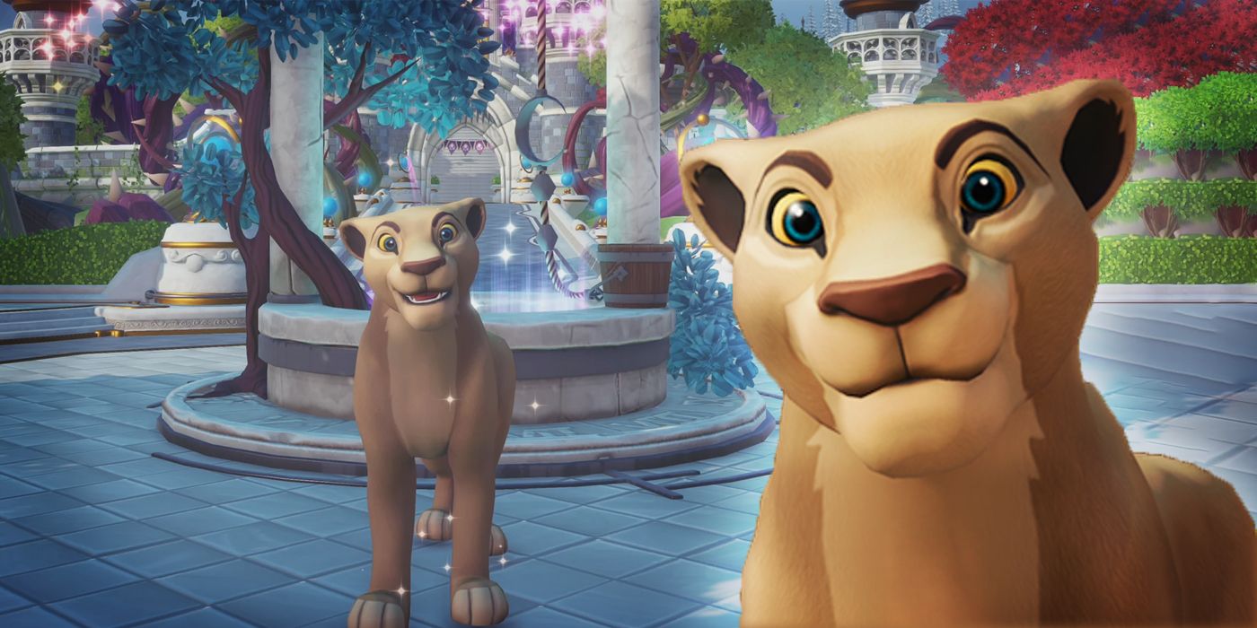 Nala in front of a fountain in Disney Dreamlight Valley