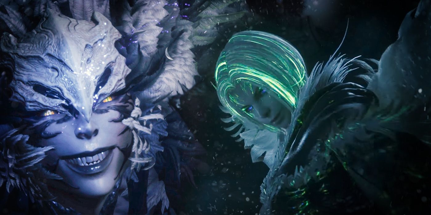 An image of the green-tinted Benedikta alongside her otherworldly wind Eikon Garuda, who displays a sharp-toothed grin.