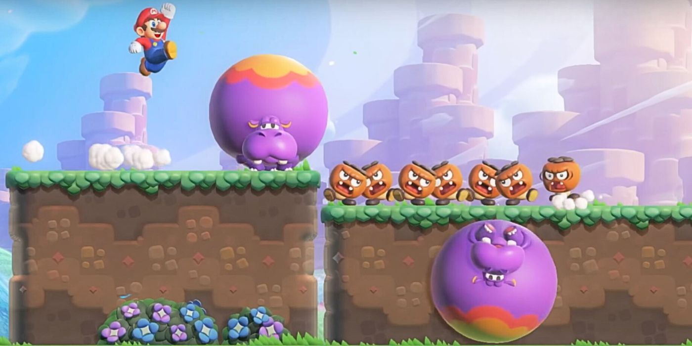 Super Mario Bros Wonder new enemies purple hippo and new goombas