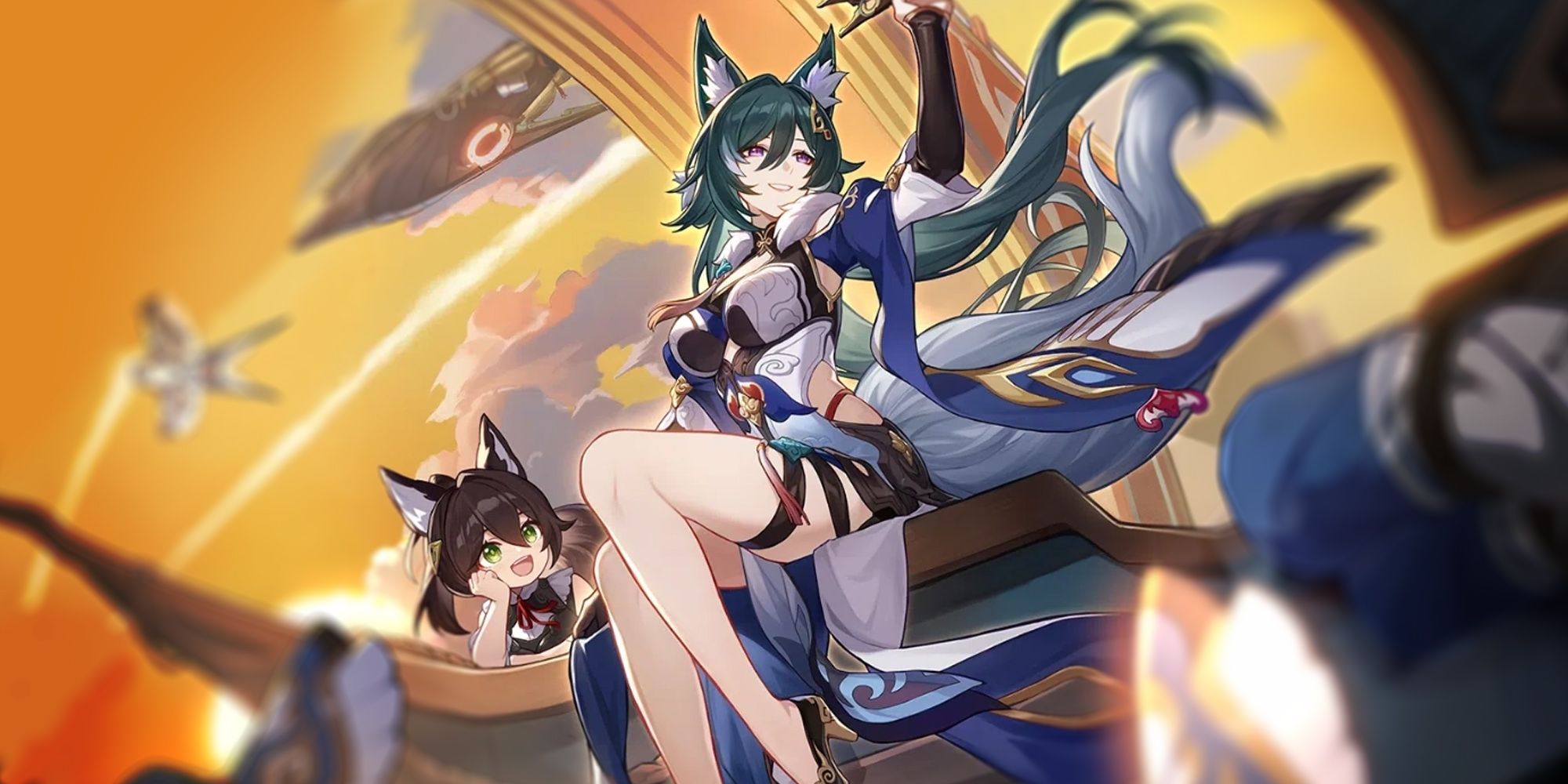 Yukong's splash art, in which she sits on a gold terrace with spaceships flying behind her. A young Yanqing watches her in awe.