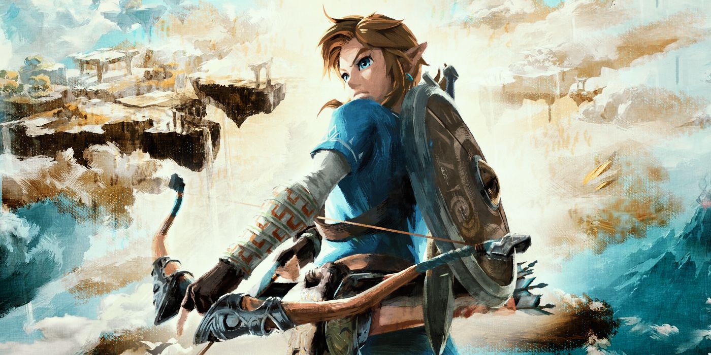 Link in front of a number of sky islands in Tears of the Kingdom.