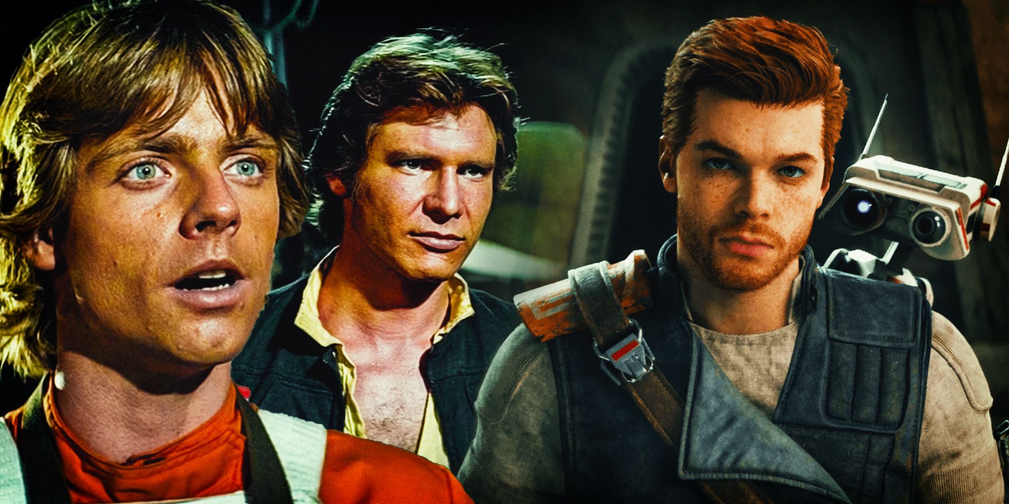 Luke Skywalker and Han Solo pictured next to Cal and BD-1.