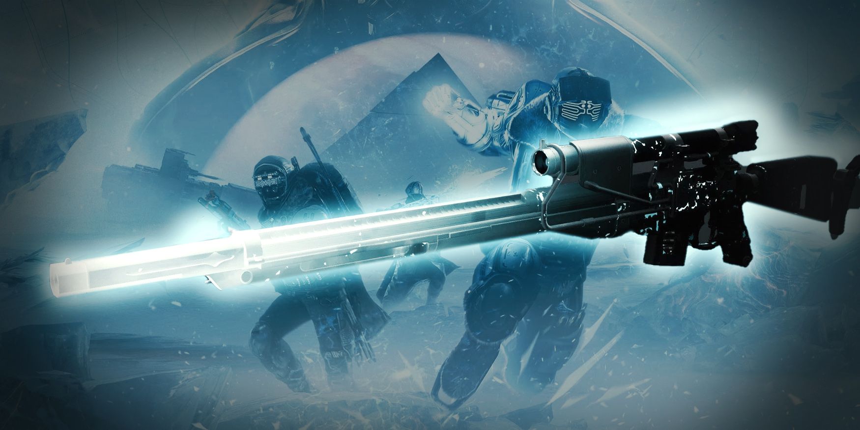 A glamour shot of Destiny 2's A Distant Pull sniper rifle, superimposed on an image of Guardians using Stasis abilities on Europa.