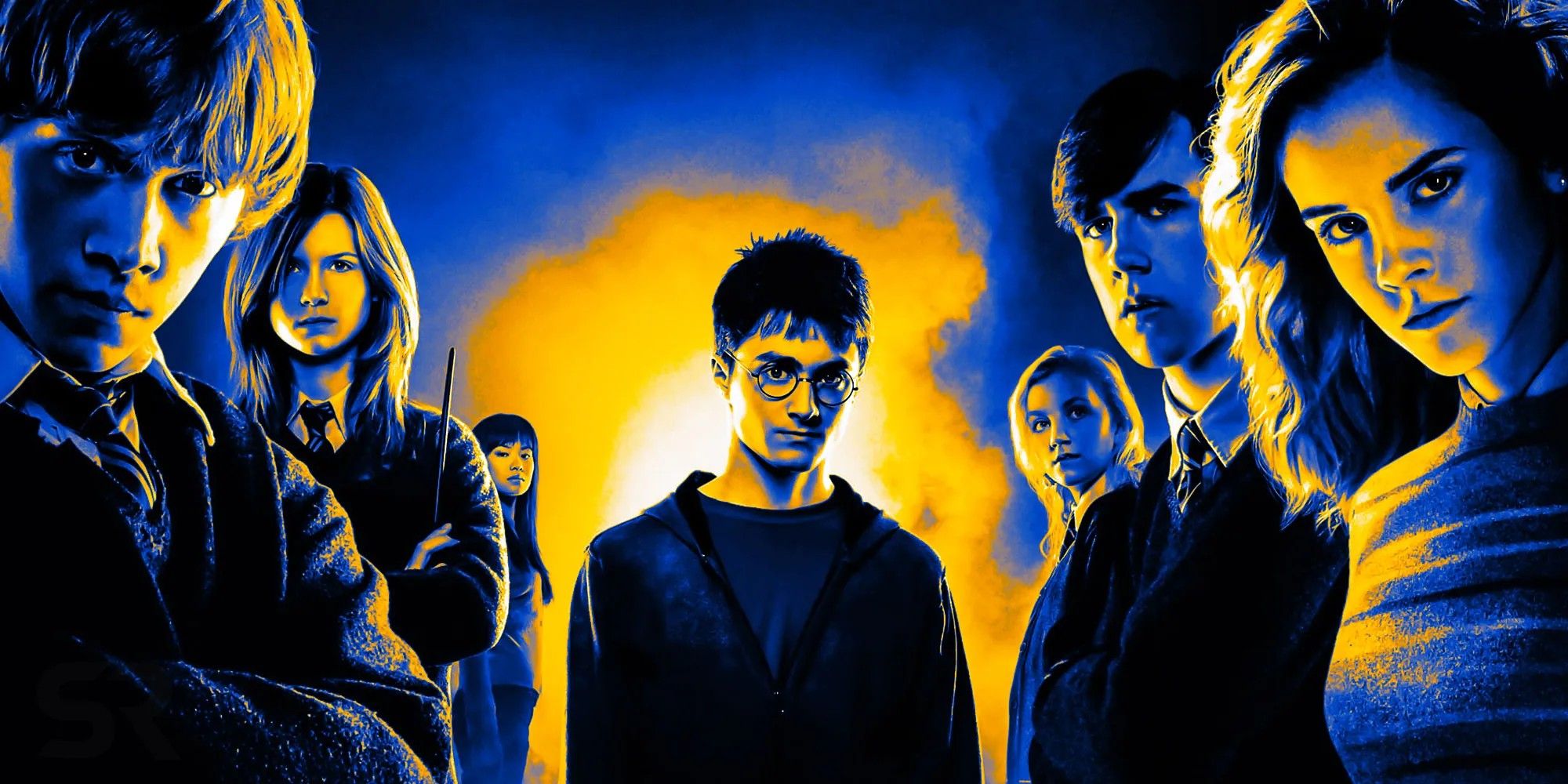 Blue and orange image of Harry Potter and his Hogwarts friends/allies