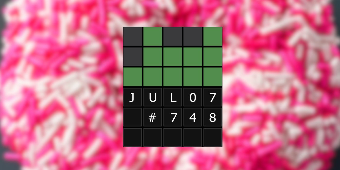 July 7th Wordle grid with a DONUT in the background