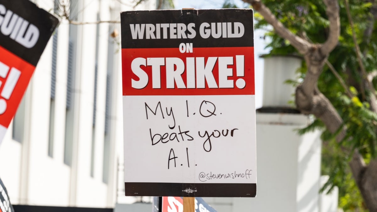 Members and supporters of SAG-AFTRA and WGA walk the picket line at Sony Pictures Studios on July 21, 2023 in Culver City, California. (Getty Images)