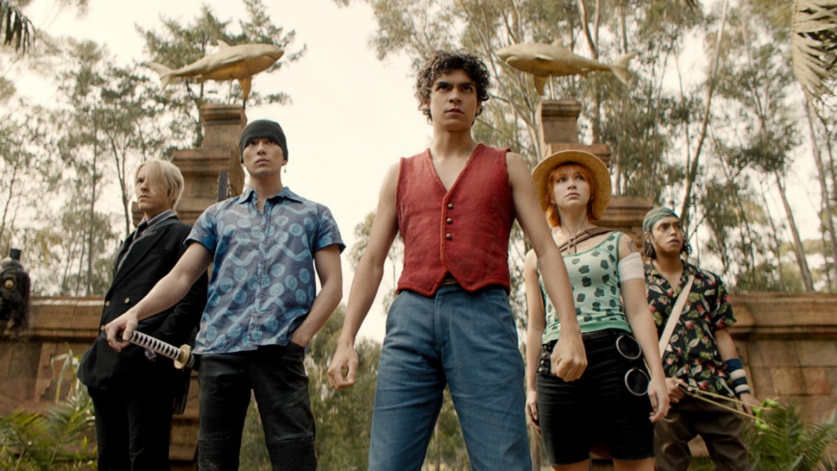 Sanji (Taz Skylar), Roronoa Zoro (Mackenyu Arata), Monkey D. Luffy (Iñaki Godoy), Nami (Emily Rudd) and Usopp (Jacob Romero Gibson) in