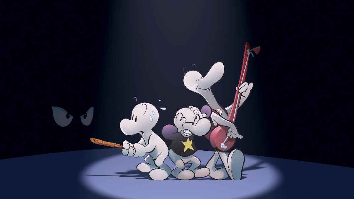 Three simple cartoon figures, stark white, in a spotlight. The one on the left looks scared, the one in the middle wears a star shirt and looks frustrated, and the one on the right happily plays a guitar of some sort