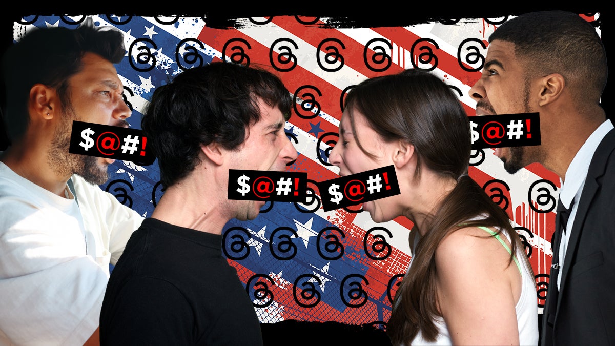 People yelling at each other on Threads, a social media app, with American Flag in background
