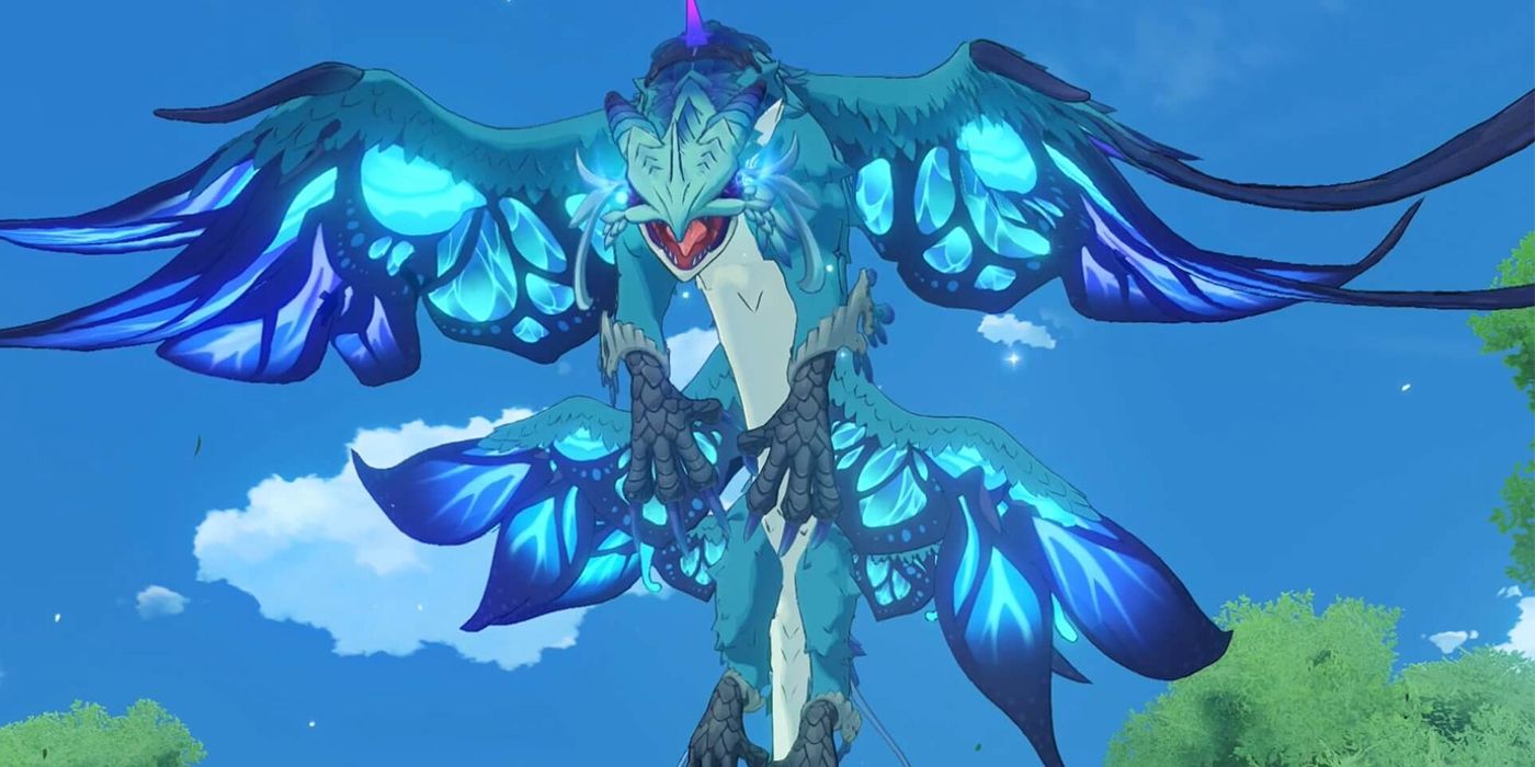 Stormterror Dvalin flies in Genshin Impact.