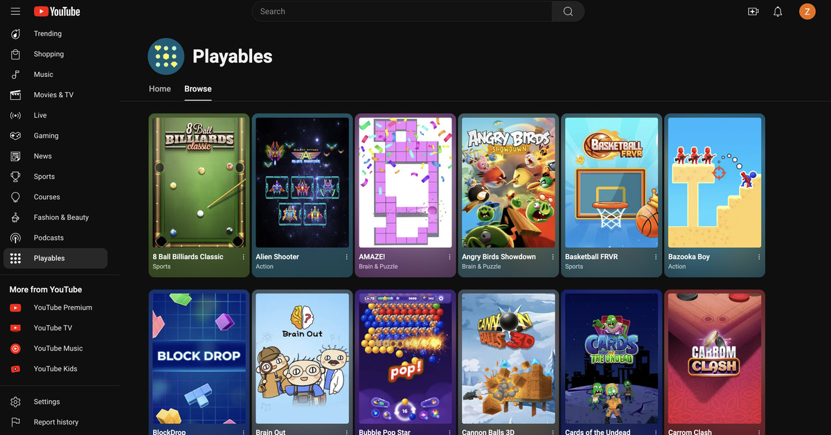 Playables de YouTube offre AddictingGames.com