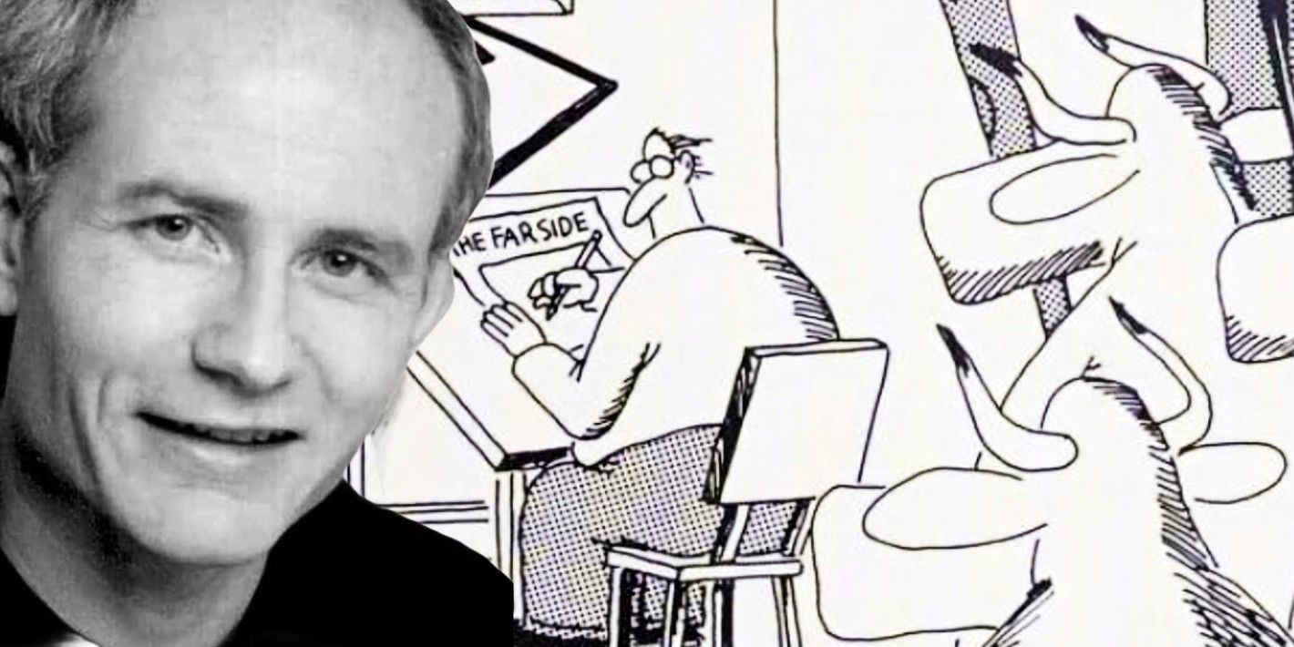 Gary Larson (left) and a Far Side cartoon featuring him being accosted by cows as he draws (right)