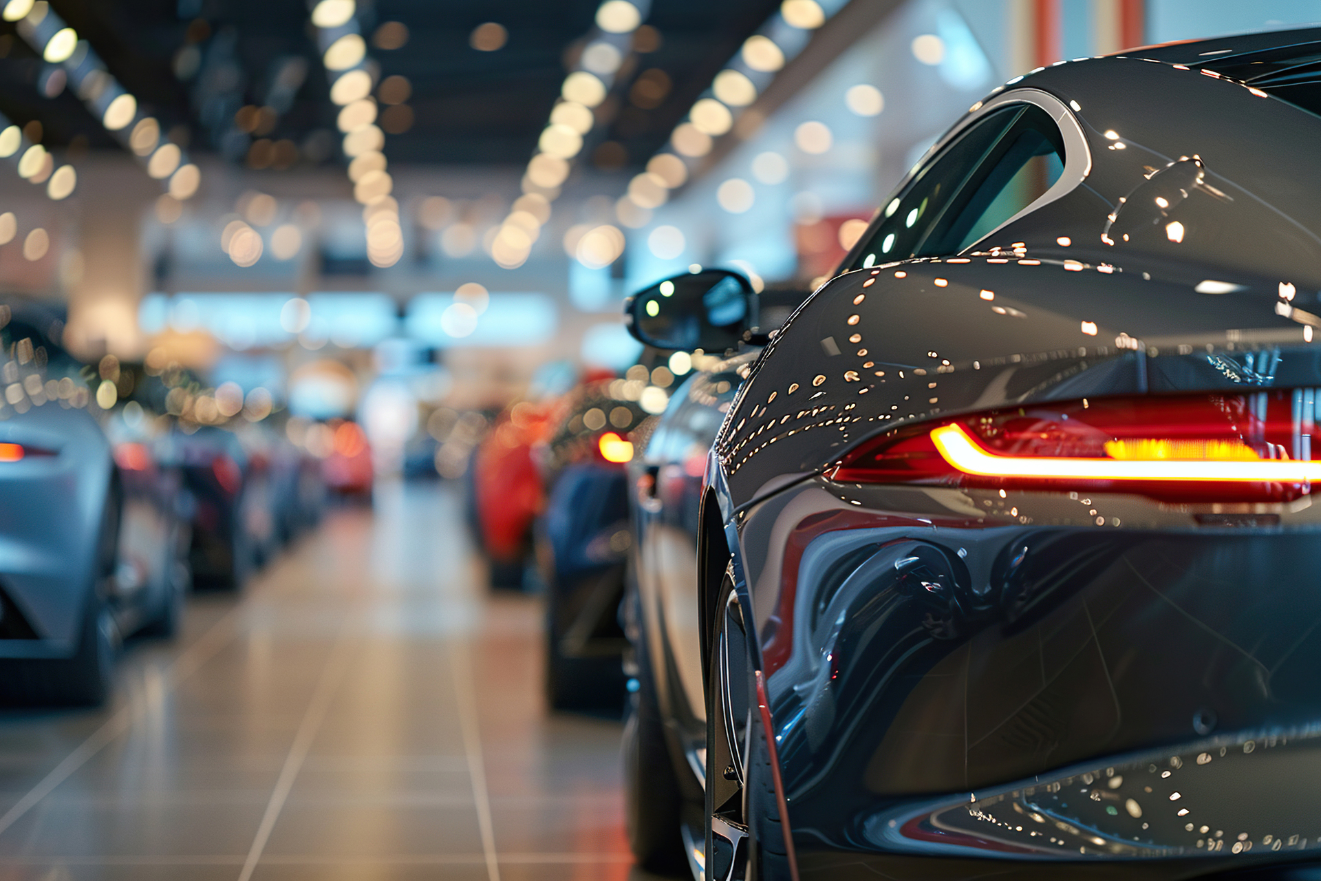 medium new cars stand in a row in a car showroom generated by artificial intelligence