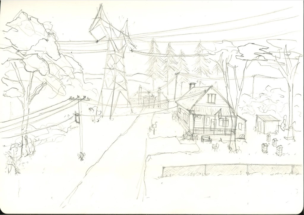 Un croquis au crayon de la maison de "Bugonia"
