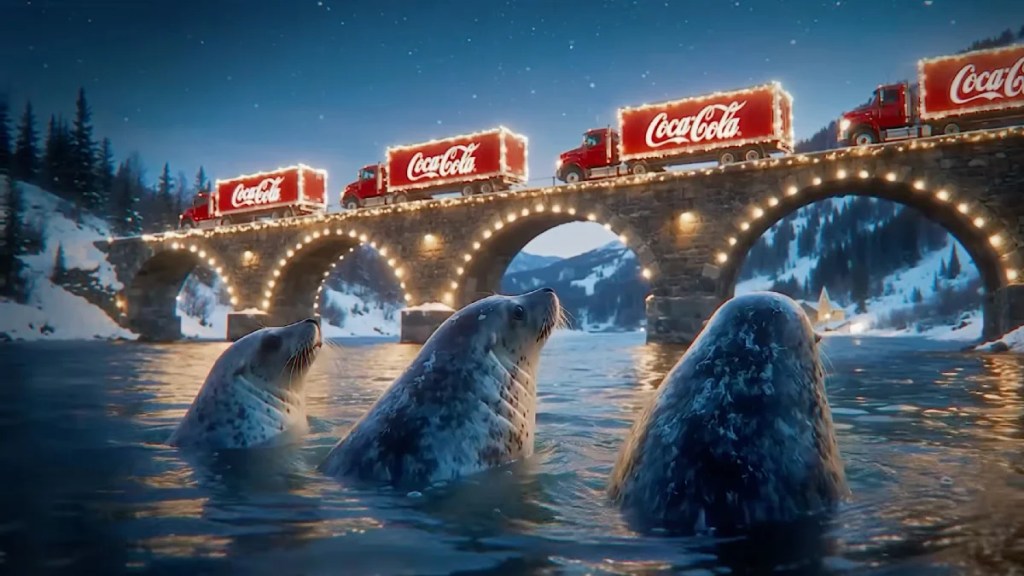 Un groupe de phoques regarde des camions Coca-Cola sur un pont dans une vidéo générée par l'IA