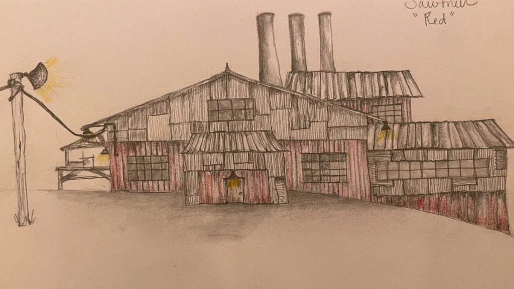 Un croquis au crayon de l'extérieur du Juke Joint de "Sinners", conçu par Hannah Beachler