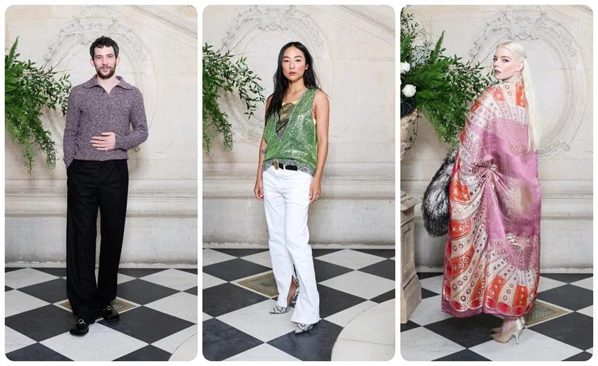 Josh O'Connor, Greta Lee et Anya Taylor-Joy au défilé Haute Couture printemps 2026 de Dior. Source : Getty